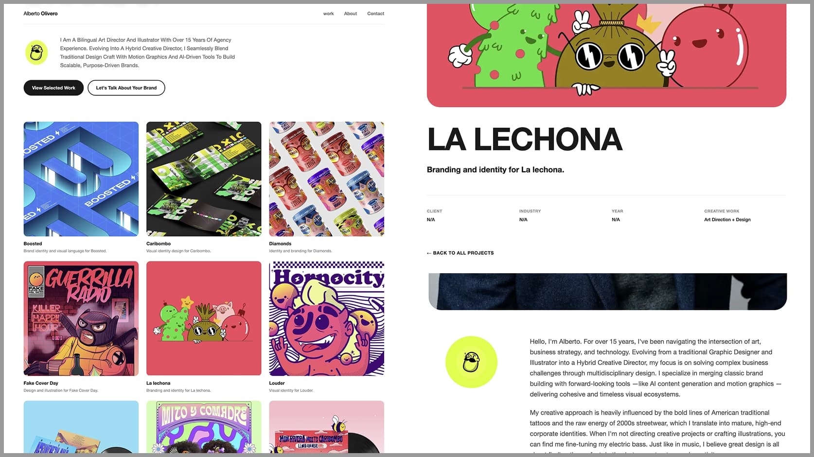 Alberto Olivero portfolio homepage project grid alongside the "La Lechona" case-study detail page