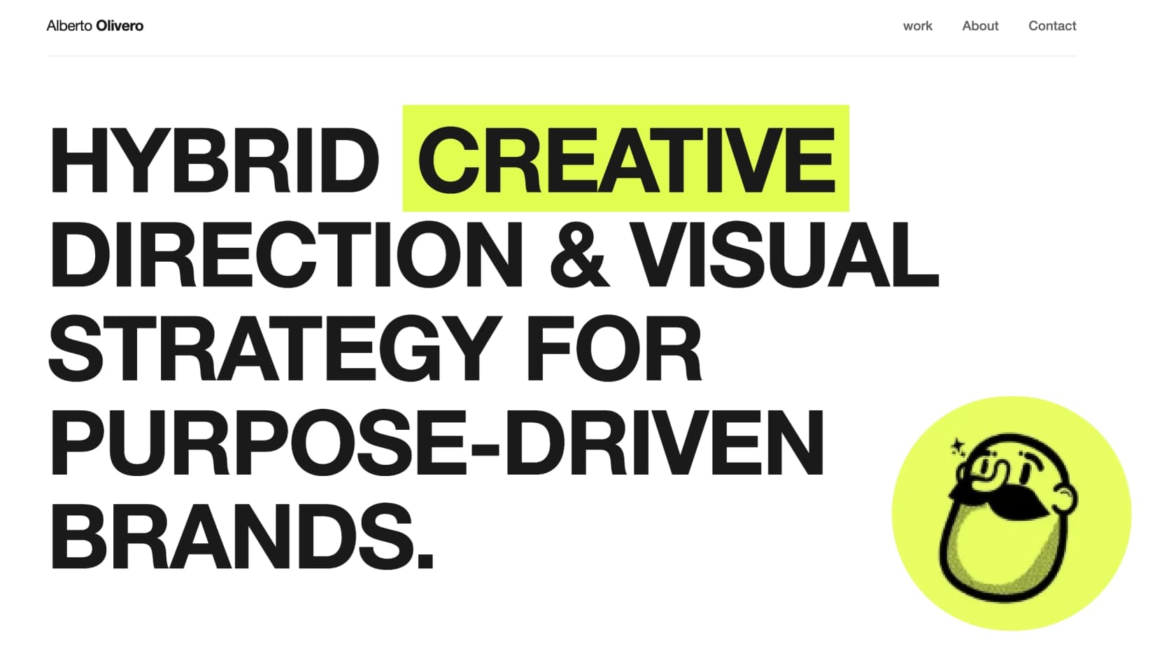 Alberto Olivero portfolio homepage hero reading "Hybrid Creative Direction & Visual Strategy for Purpose-Driven Brands" next to a hand-drawn character avatar