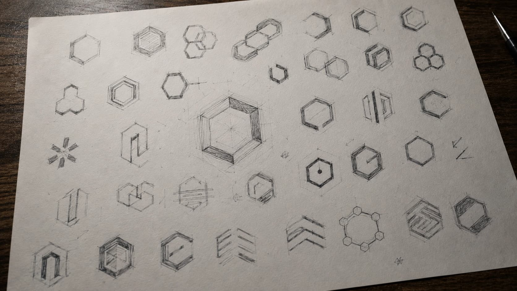 Hand-sketched hexagon logo concept explorations on paper