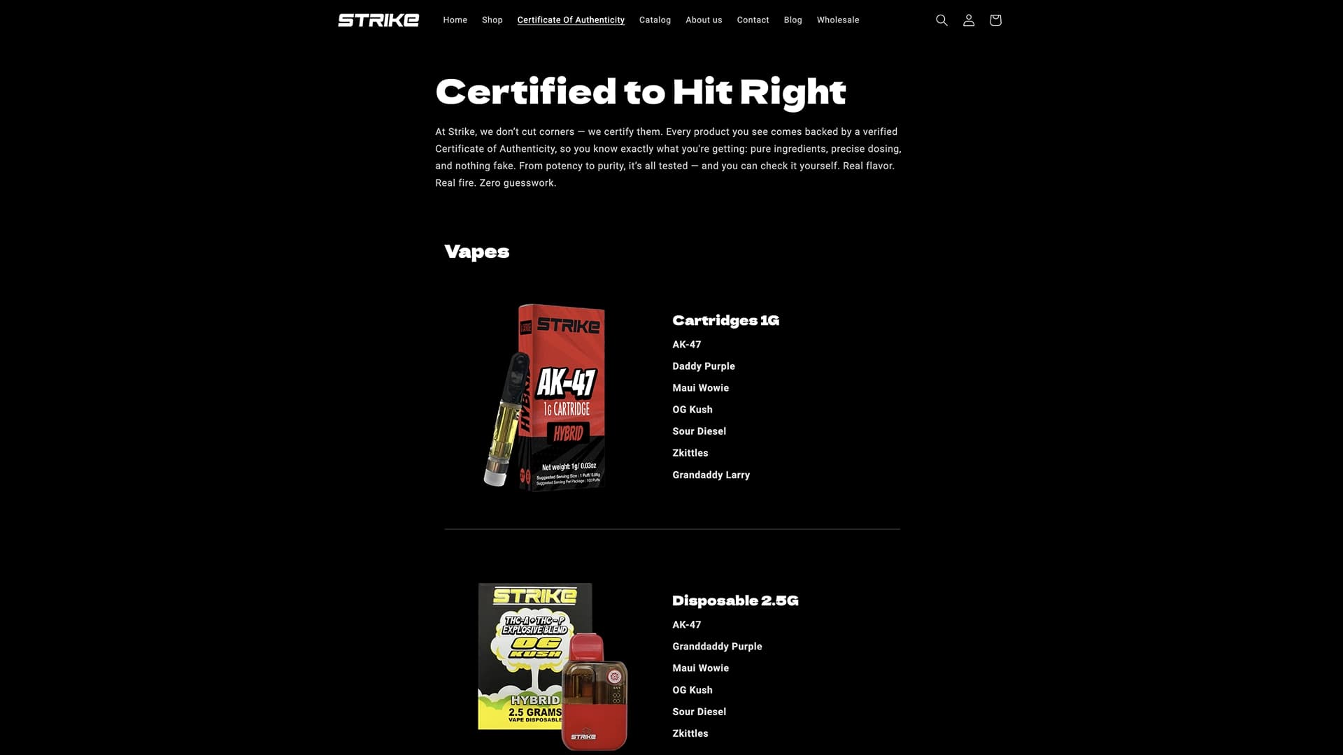 Strike Certificate of Authenticity page listing lab-verified product lines with linked certificates
