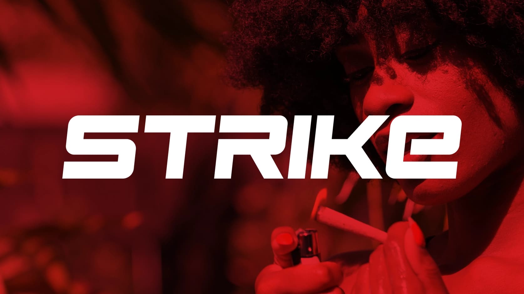 Strike brand cover image with the logo over a lifestyle photo of someone lighting a pre-roll